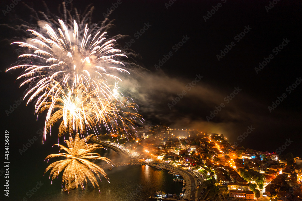 Aerial view of fireworks over the city