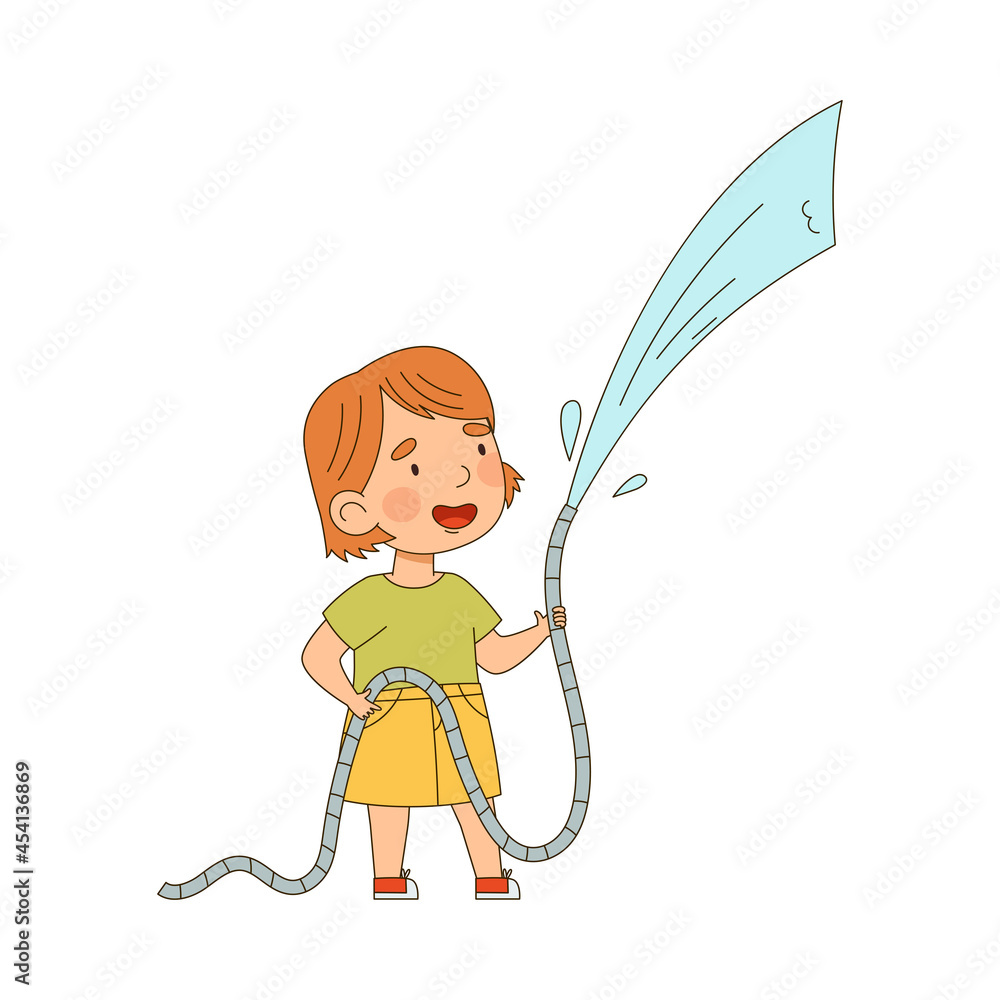 Little Redhead Girl with Hose Watering Taking Care of Plant and Vegetation Vector Illustration Little Redhead Girl with Hose Watering Taking Care of Plant and Vegetation Vector Illustration