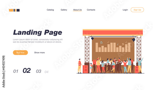 Young people having fun on children concert. Performer, stage, festival flat vector illustration. Entertainment and music concept for banner, website design or landing web page