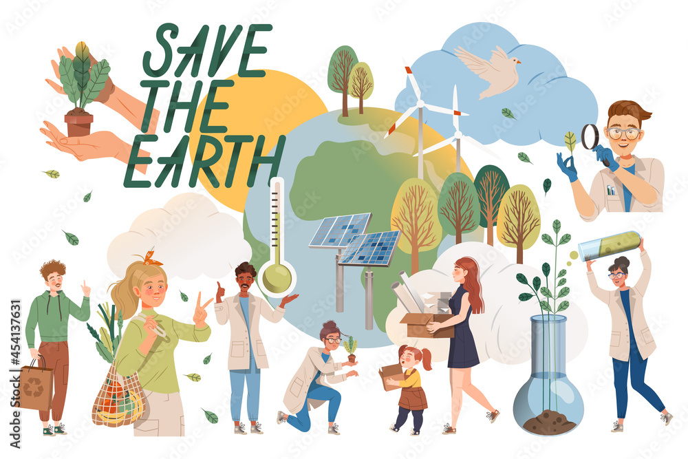 Saving Earth with People Character Taking Care of Nature and Environment Using Reusable Bag and Alternative Energy Source Vector Illustration