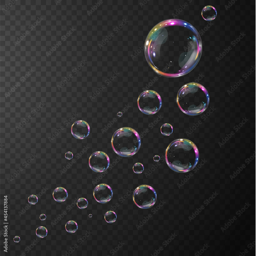 Set of realistic soap bubbles. Bubbles are located on a transparent background. Vector flying soap bubbles.  Bubble PNG. 