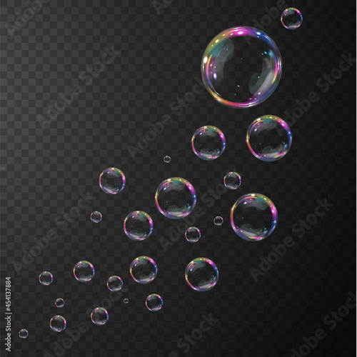 Set of realistic soap bubbles. Bubbles are located on a transparent background. Vector flying soap bubbles. Bubble PNG. 