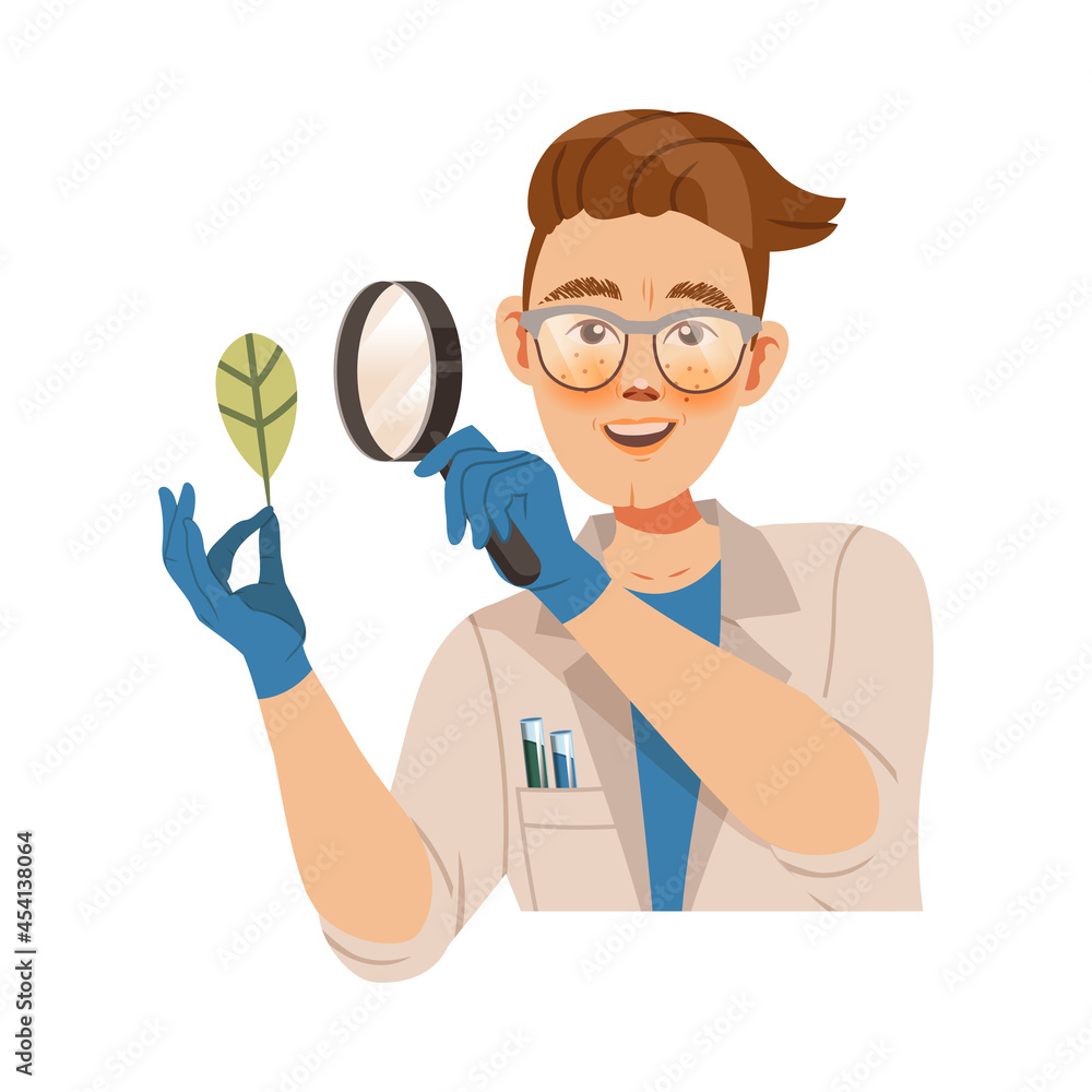 Young Man Scientist Watching Green Leaf Through Magnifying Glass Studying Biology and Vegetation Taking Care of Nature and Environment Vector Illustration Young Man Scientist Watching Green Leaf Through Magnifying Glass Studying Biology and Vegetation Taking Care of Nature and Environment Vector Illustration