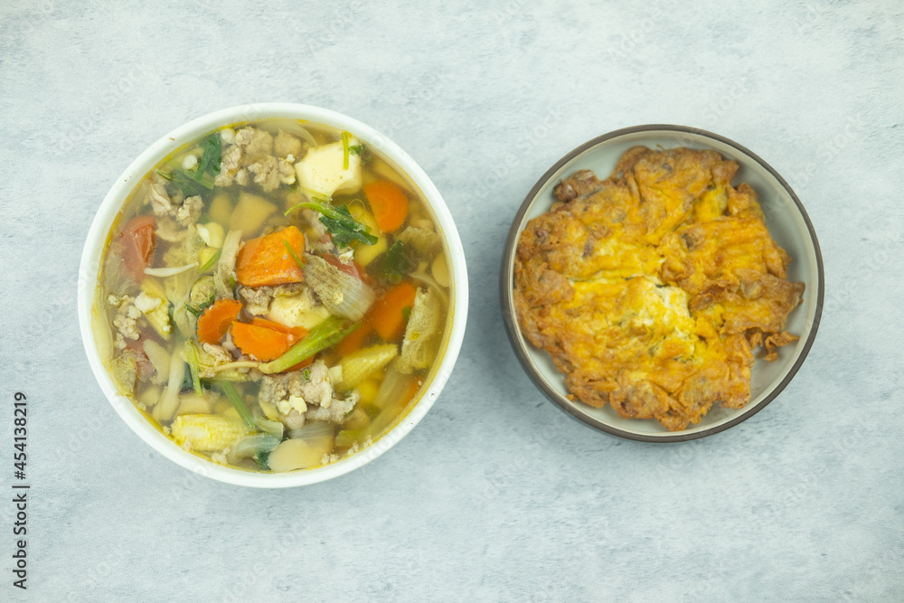 Minced pork omelette and clear clear vegetable soup Minced pork omelette and clear clear vegetable soup