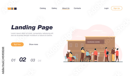 Nursing home residents. Old people walking outside with caregivers and visitors. Vector illustration for elderly care, age, retirement, hospice concept