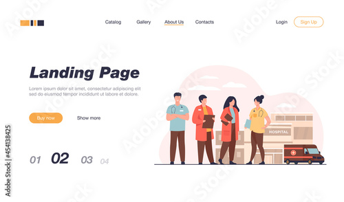 Group of doctors standing at hospital building. Team of practitioners and ambulance car in background. Vector illustration for medical staff, medicine, job, occupation concept