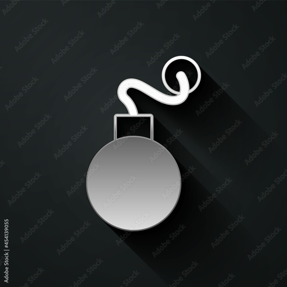 Silver Bomb ready to explode icon isolated on black background. Long shadow style. Vector Silver Bomb ready to explode icon isolated on black background. Long shadow style. Vector
