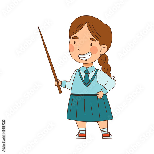 Back to School with Girl in Blue Uniform Standing with Pointer Vector Illustration
