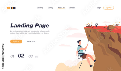 Climber hanging on rope and pulling himself on top of rocky mountain wall. Extreme mountaineer climbing on cliff. For sport, outdoor activity, risk, alpinist concept