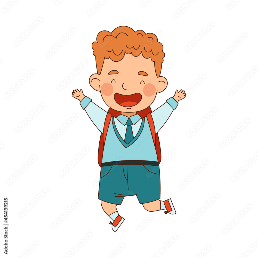 Back to School with Redhead Boy in Blue Uniform with Backpack Jumping with Joy Vector Illustration Back to School with Redhead Boy in Blue Uniform with Backpack Jumping with Joy Vector Illustration