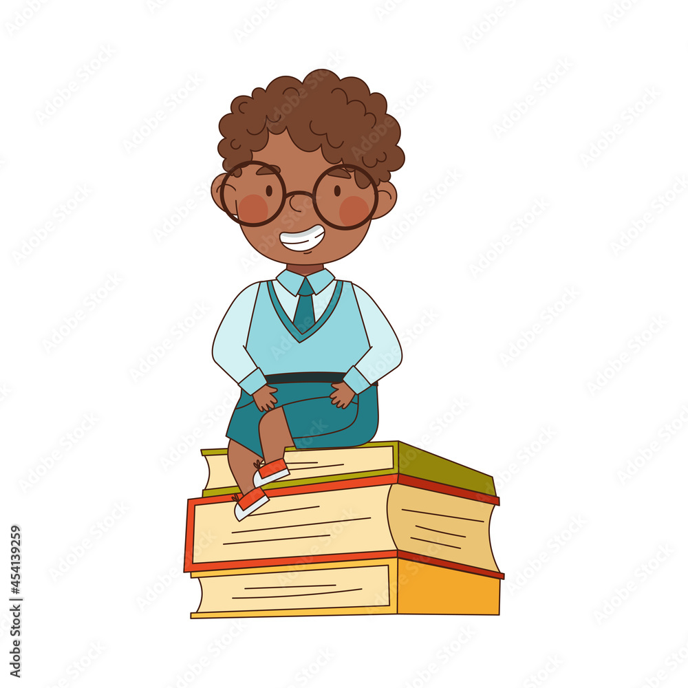 Back to School with African American Boy in Blue Uniform with Glasses Sitting on Pile of Books Vector Illustration