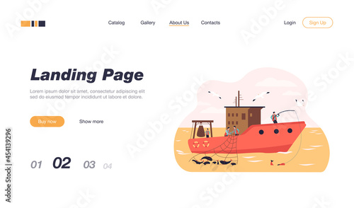 Professional fishermen working in vessel isolated flat vector illustration. Cartoon fishers catching fish and using net in ship. Commercial fishing industry concept