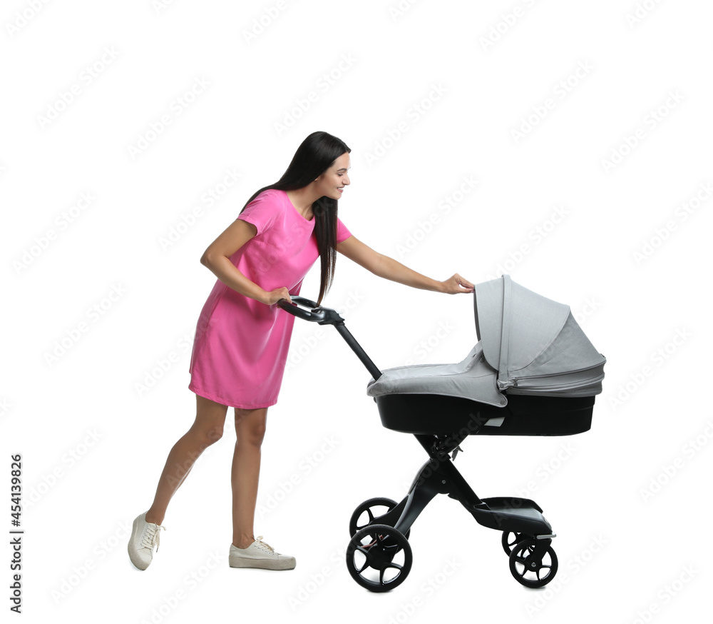 Happy young woman with baby stroller on white background Happy young woman with baby stroller on white background