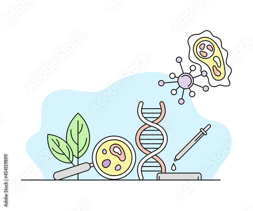 Biology Science and Study Knowledge Organizing with DNA and Magnifying Glass Vector Line Illustration