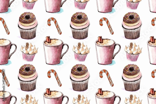 Seamless pattern with cupcak, meringue, cookies and cup of coffe on white bachground. Watercolor hand painted illustration