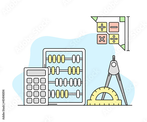 Science and Arithmetic Study with Counting Frame and Calculator Vector Line Illustration