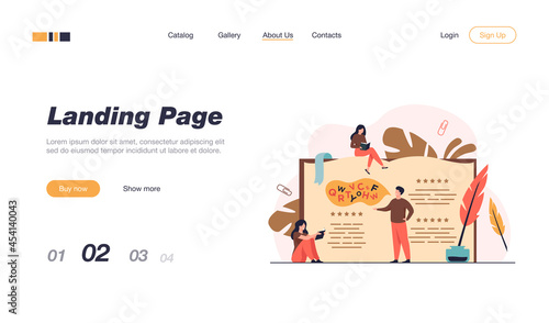 Tiny people reading and writing poetry or poem isolated flat vector illustration. Cartoon characters standing or sitting near open book, ink and feather. Entertainment and literature concept