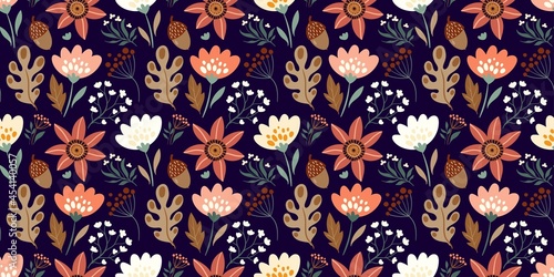 Autumn decorative seamless pattern with floral elements, acorns, plants, leaves