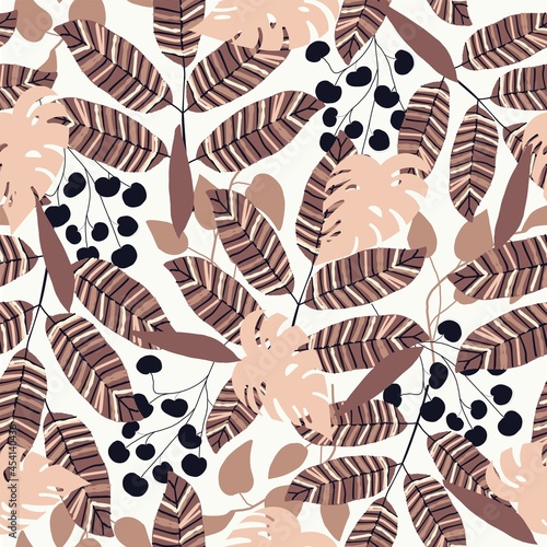 Seamless nature autumn pattern, gardening. Abstract flowers, leaves, shapes and elements, drawing on white background, hand drawn, packaging, wallpaper, design for textiles, vector illustration.