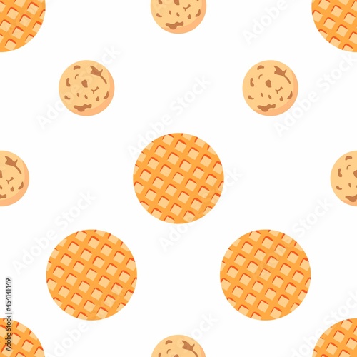 Simple vector seamless pattern. Traditional Dutch sweet pastry. Stroopwafel and pepernoten on white background. For packaging, wrapping paper.