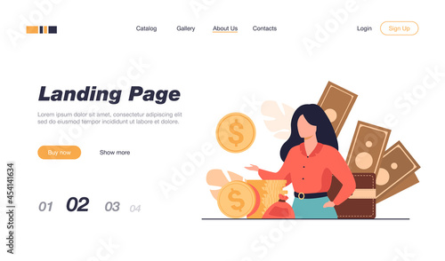 Banker offering loan. Investor or entrepreneur getting income. Woman with heap of cash, sack and wallet. Vector illustration for finance, money, financial success, profit, business concept