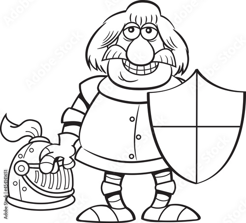 Black and white illustration of a knight in a suit of armor holding a shield.