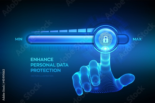 Increasing Privacy Security level. Enhance personal data protection level. Wireframe hand is pulling up to the maximum position progress bar with the fingerpring and lock icon. Vector illustration.