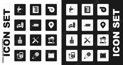 Set Automotive turbocharger, Car muffler, transporter truck, Paint spray gun, Location with car service, inspection, Repair lift and mechanic icon. Vector