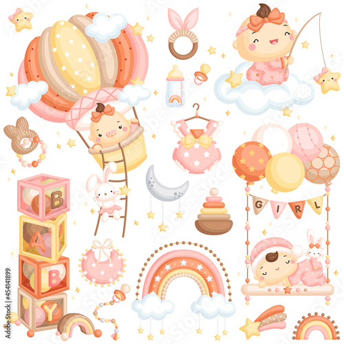 A Cute Vector Set of Baby Girl with Air Balloon and Boho Sky Theme 