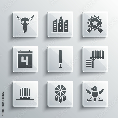 Set Dream catcher with feathers, Eagle, Indian headdress, Baseball bat, Patriotic American top hat, Calendar date July 4, Buffalo skull and Medal star icon. Vector