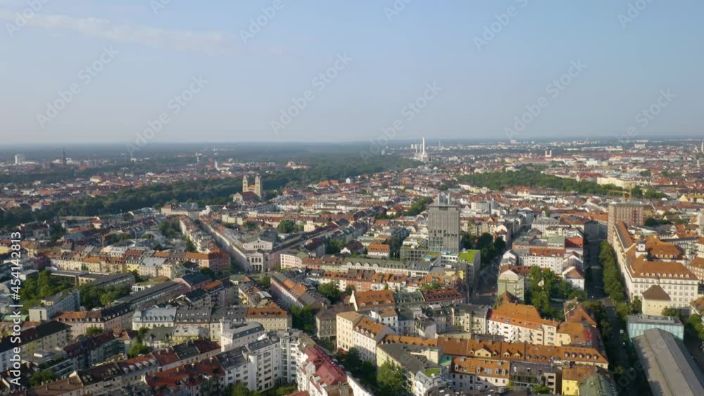 Drone Flying Above Munich, Germany. Descending Establishing Shot. Summer Day Drone Flying Above Munich, Germany. Descending Establishing Shot. Summer Day