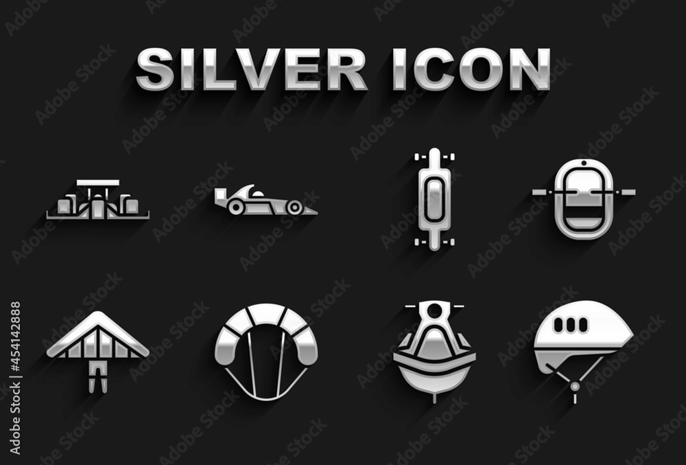 Set Parachute, Rafting boat, Bicycle helmet, Jet ski, Hang glider, Longboard or skateboard, Formula 1 racing car and icon. Vector Set Parachute, Rafting boat, Bicycle helmet, Jet ski, Hang glider, Longboard or skateboard, Formula 1 racing car and icon. Vector