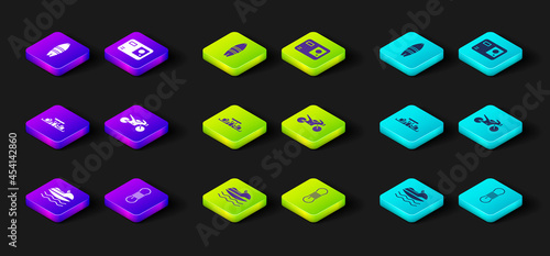 Set Jet ski, Climber rope, Formula 1 racing car, Motorcycle, Action extreme camera and Surfboard icon. Vector