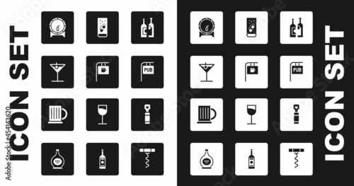 Set Bottles of wine, Street signboard with Bar, Martini glass, Wooden barrel on rack, Pub, Effervescent tablets water, opener and beer mug icon. Vector