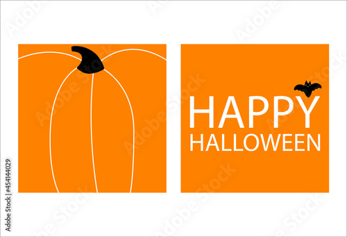 Orange pumpkin for happy halloween or design, icons and logo. Pumpkin is a square and text bat. Ripe vegetable harvest festival. Illustration in flat minimalistic style on white background.