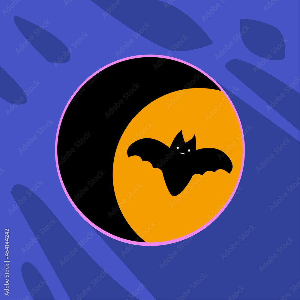 Cute halloween holiday banner design with bat on the background of the moon. Vector flat style illustration for Halloween Party. Happy Halloween Card Cute halloween holiday banner design with bat on the background of the moon. Vector flat style illustration for Halloween Party. Happy Halloween Card