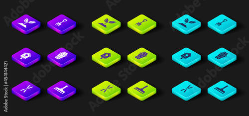 Set Gardening handmade scissors, rake, Bird house, light lamp, and Plant icon. Vector