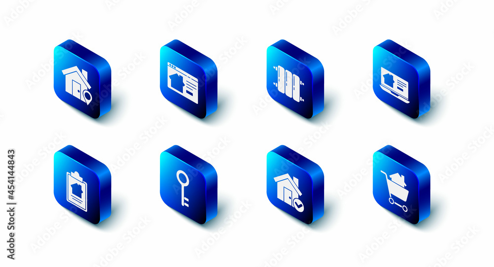 Set Online real estate house, Heating radiator, Shopping cart with, House check mark, key, contract and Location icon. Vector Set Online real estate house, Heating radiator, Shopping cart with, House check mark, key, contract and Location icon. Vector