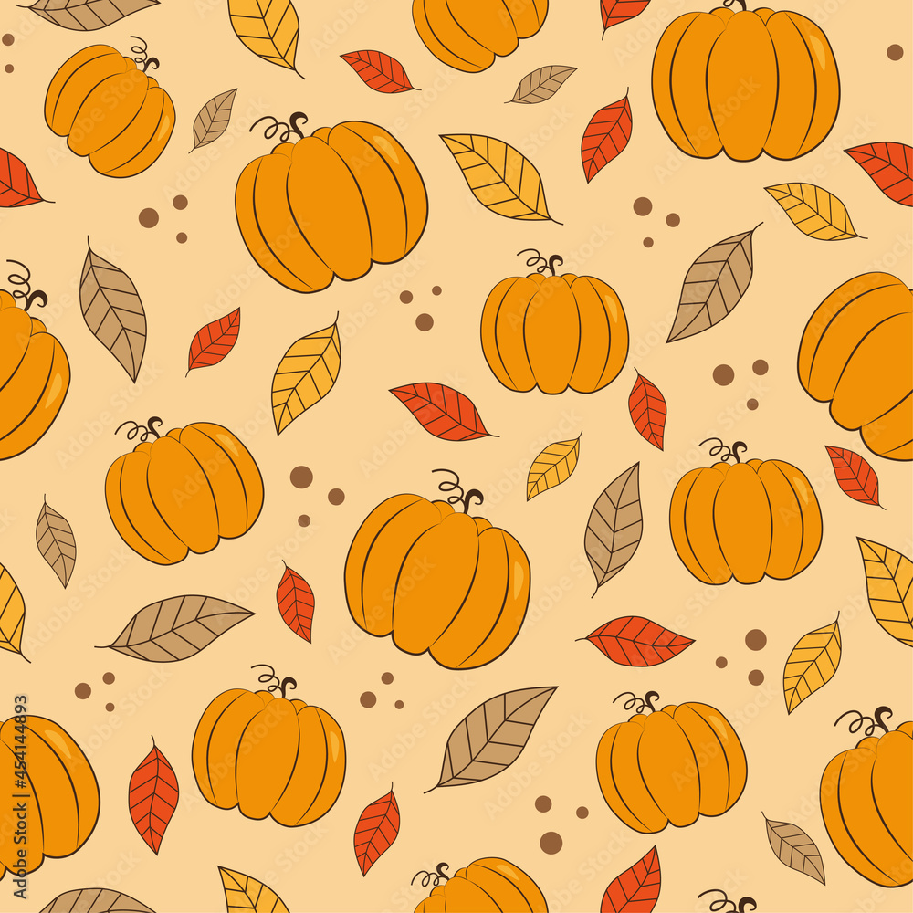 Autumnal seamless pattern -pumpkins and leaves vector design.