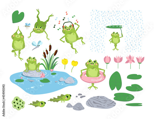 Cartoon frogs and tadpoles flat vector illustrations set. Cute green toads jumping  listening to music  pond  rocks  leaves and flowers isolated on white background. Nature  wildlife  animals concept