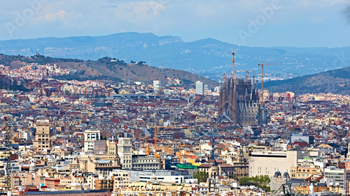 View above on Barcelona from Montjuic hill. Sagrada Familia cathedral. photo
