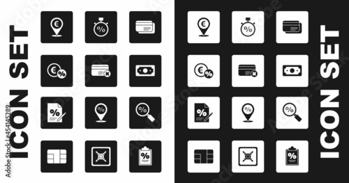 Set Credit card, remove, Money coin with percent, Cash location, Stacks paper money cash, Stopwatch and, Magnifying glass and Finance document icon. Vector