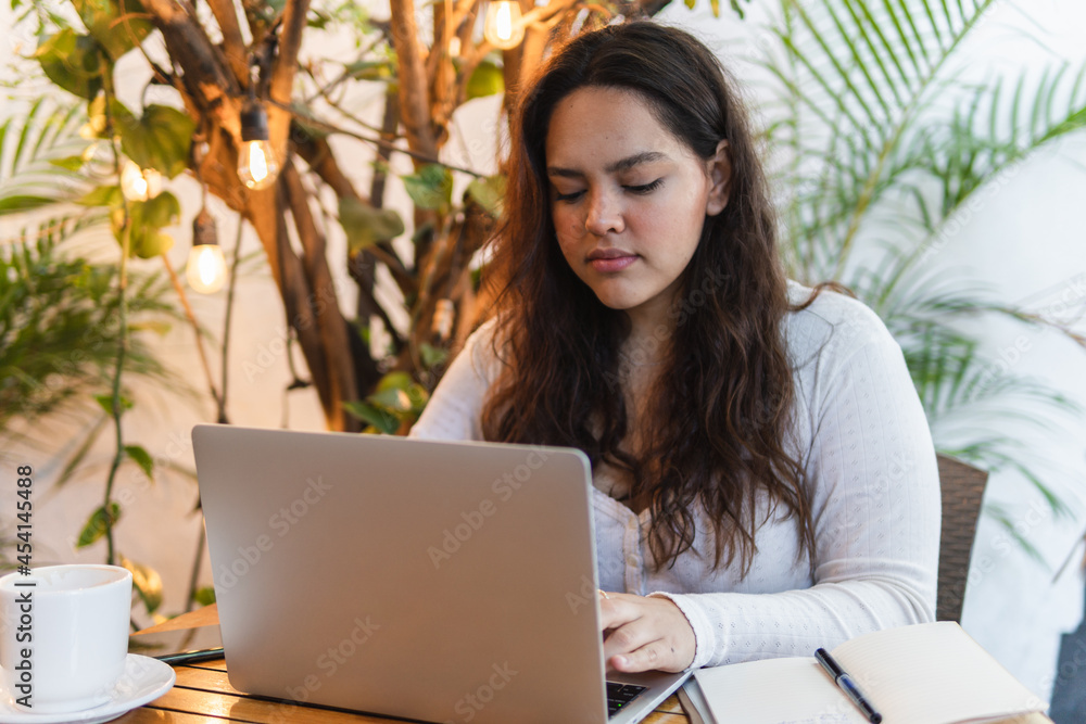 Young woman with laptop in cafe Young woman with laptop in cafe