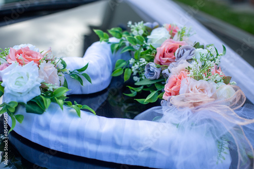 wedding bouquet on the car
