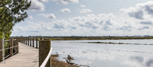 Wooden boardwalk over the Aveiro lagoon. Passadiços de Aveiro, Ria de Aveiro, Portugal