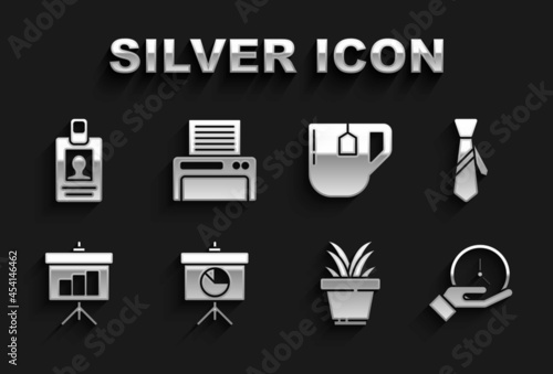 Set Chalkboard with diagram, Tie, Clock, Plant in pot, Cup of tea tea bag, Identification badge and Printer icon. Vector