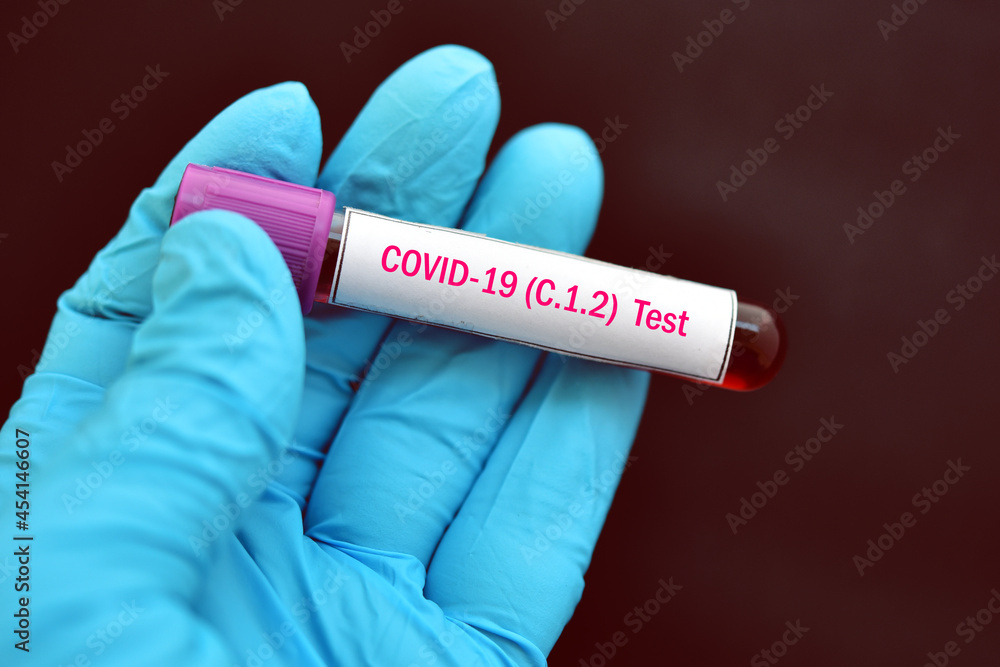 Obraz premium Test tube with blood sample for COVID-19 C.1.2 variant test, new variant epidemic in South Africa