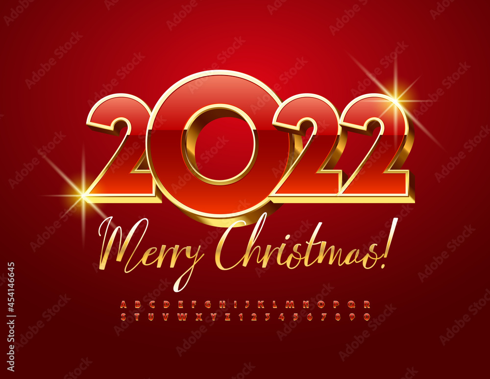 Vector festive Greeting Card Merry Christmas 2022! Red and Gold shiny Font. Premium Alphabet Letters and Numbers set