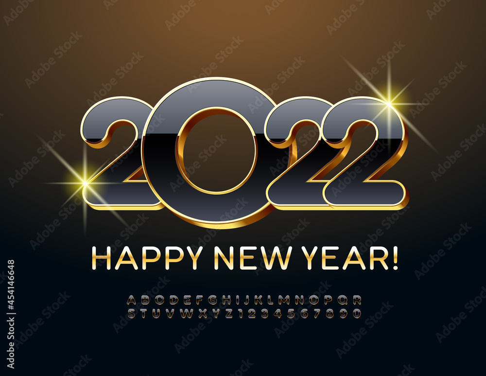 Vector premium Greeting Card Happy New Year 2022! Gold and Black Alphabet Letters and Numbers set. 3D modern Font