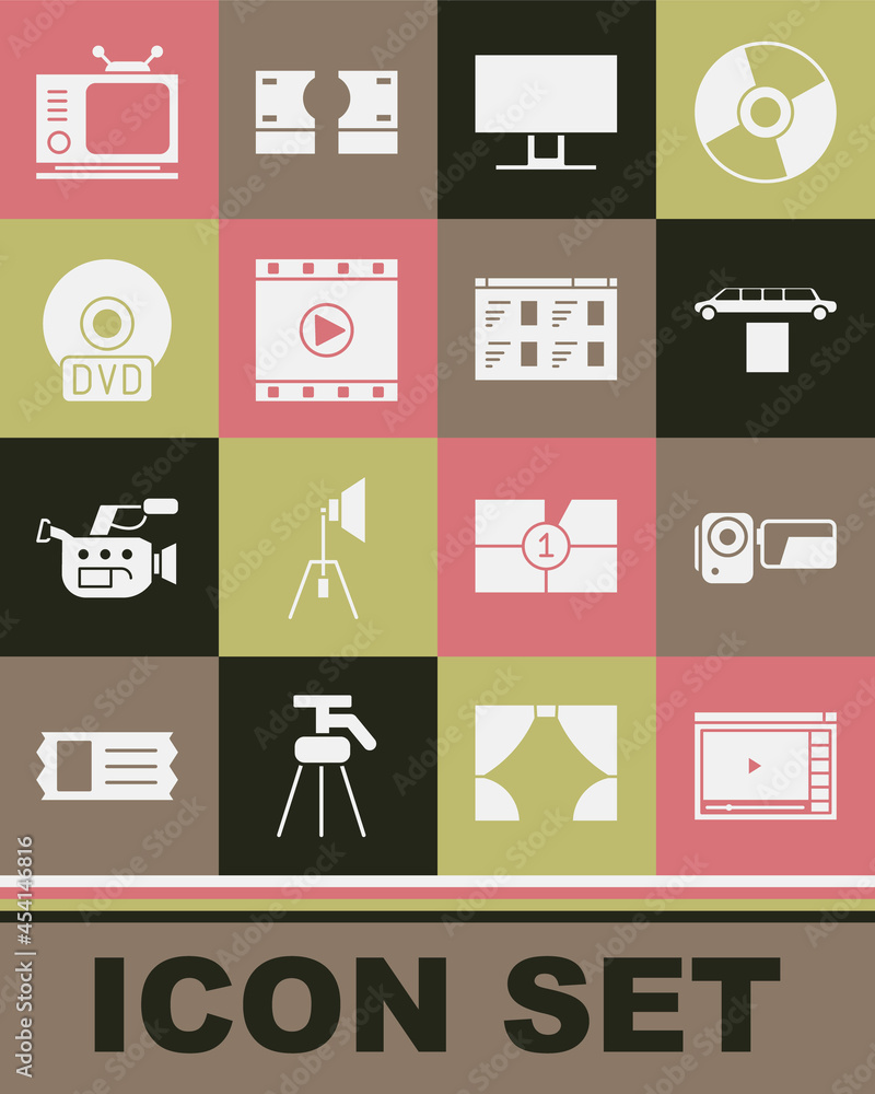 Set Online play video, Cinema camera, Limousine car and carpet, Smart Tv, Play Video, CD or DVD disk, Retro tv and icon. Vector Set Online play video, Cinema camera, Limousine car and carpet, Smart Tv, Play Video, CD or DVD disk, Retro tv and icon. Vector